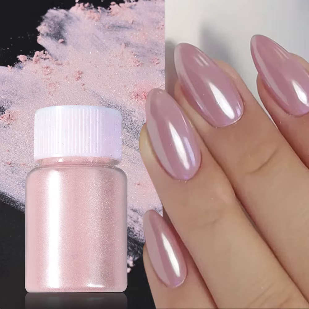 1 boîte de poudre à ongles en perles chromées rose cerise, effet miroir dégradé, paillettes aurore, 