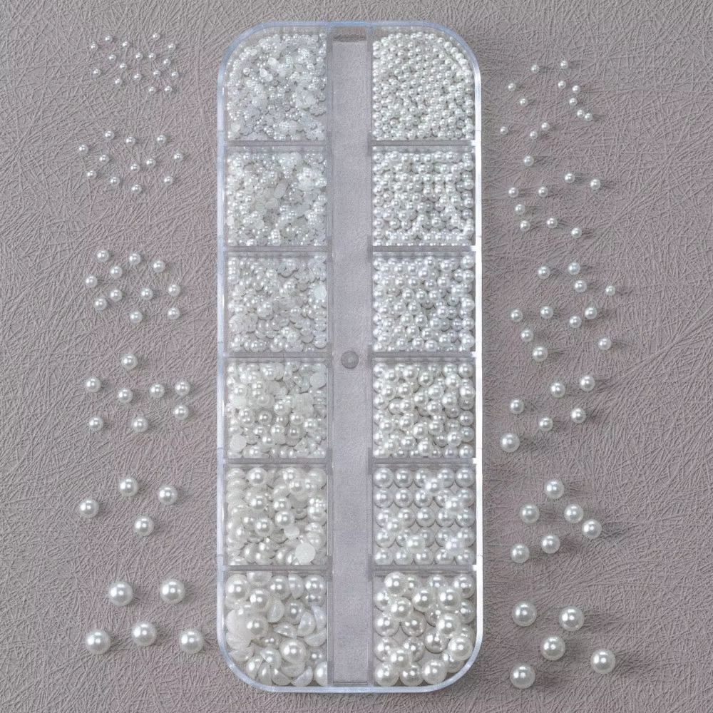12 grilles 3D perles blanches mélangées breloques pour ongles 0.15-0.5mm perles rondes/demi-cercle N