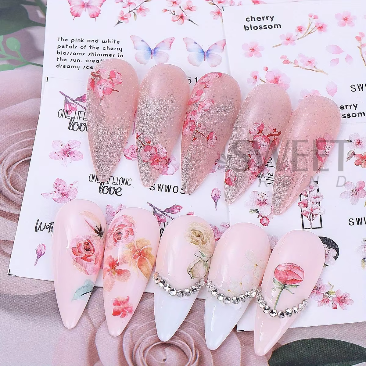 Autocollants à l'eau pour ongles, fleur de Sakura, fleurs de cerisier roses, feuille florale, concep