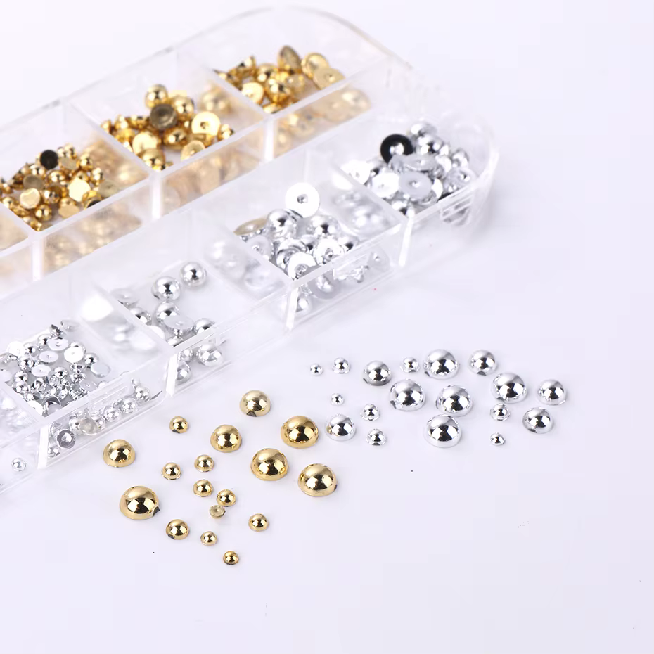 12 grilles de couleurs mélangées or argent plat demi-rond perle ongles pièces Flatback ornement 3D m