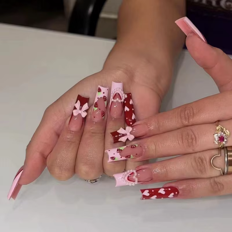 24 faux ongles à presser avec strass, motifs floraux, longs et carrés, en acrylique, style français,