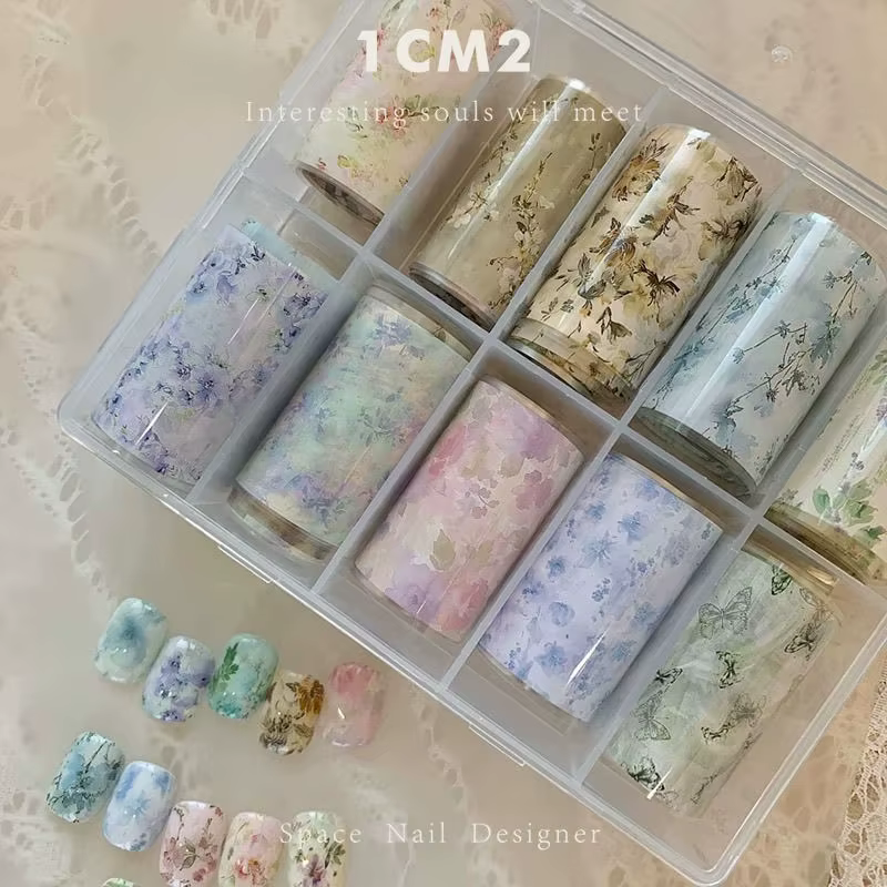 10 rouleaux à carreaux mille oiseaux arc étoiles feuilles à ongles papier de transfert Nail Art auto