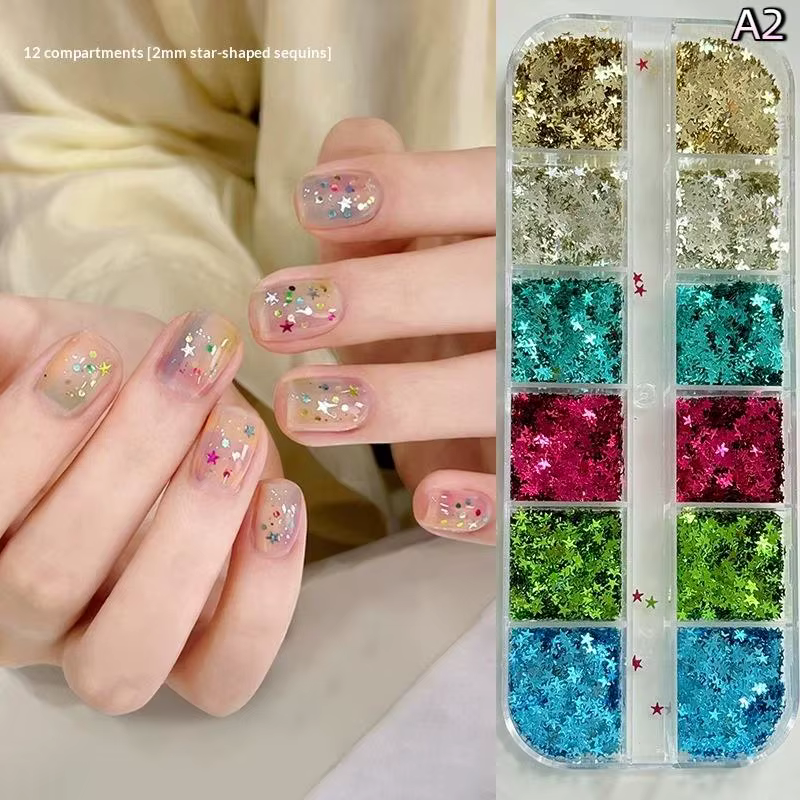 12 grilles étoile paillettes étoile à cinq branches coloré Nail Art charme étincelle 3D ongles Rivet