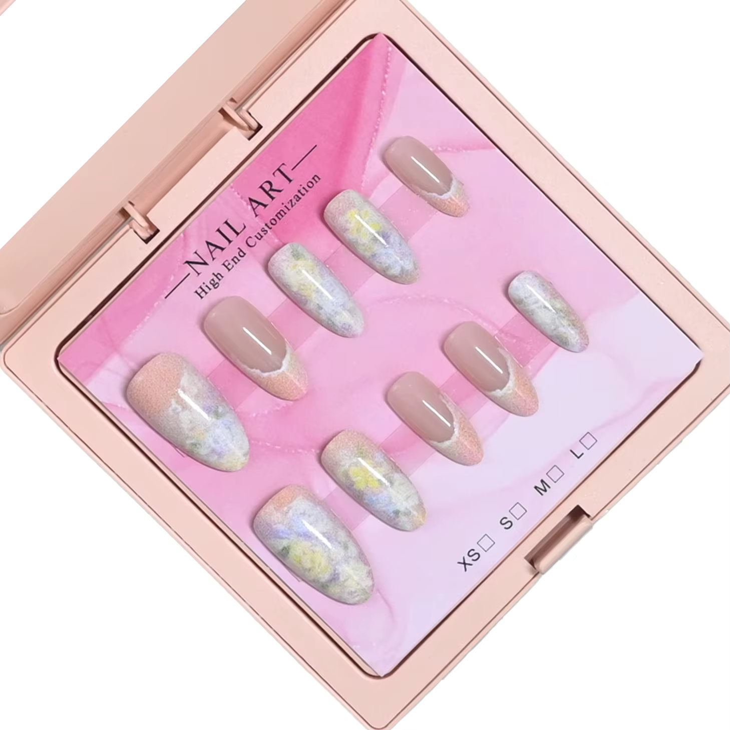 10 ongles d'amande faits à la main dans un coffret cadeau rose. Base nude avec pointes françaises et