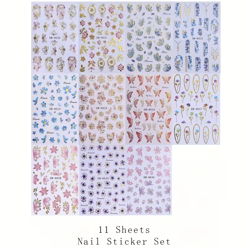 11 autocollants floraux pour ongles printemps-été - Motif fleur de cerisier, autocollants auto-adhés