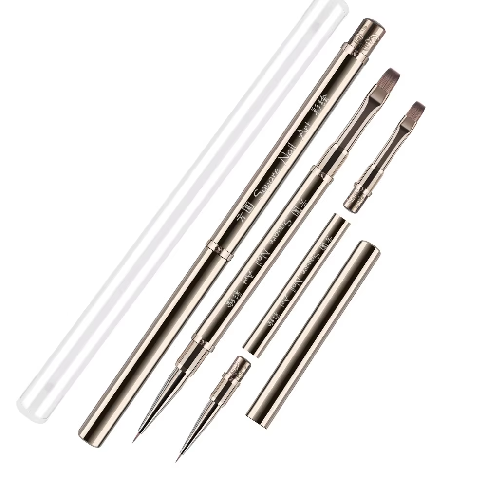 Pinceaux à doublure en métal argenté pour Nail Art, sculpture plate/ovale/fin, pinceaux à Double ext