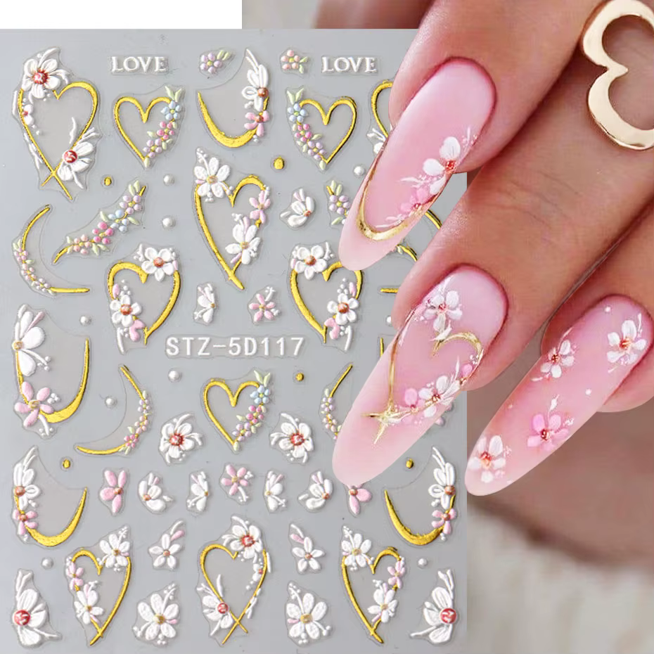 5D en relief Kawaii Floral or ligne curseurs printemps fleurs blanches ongles autocollants bricolage
