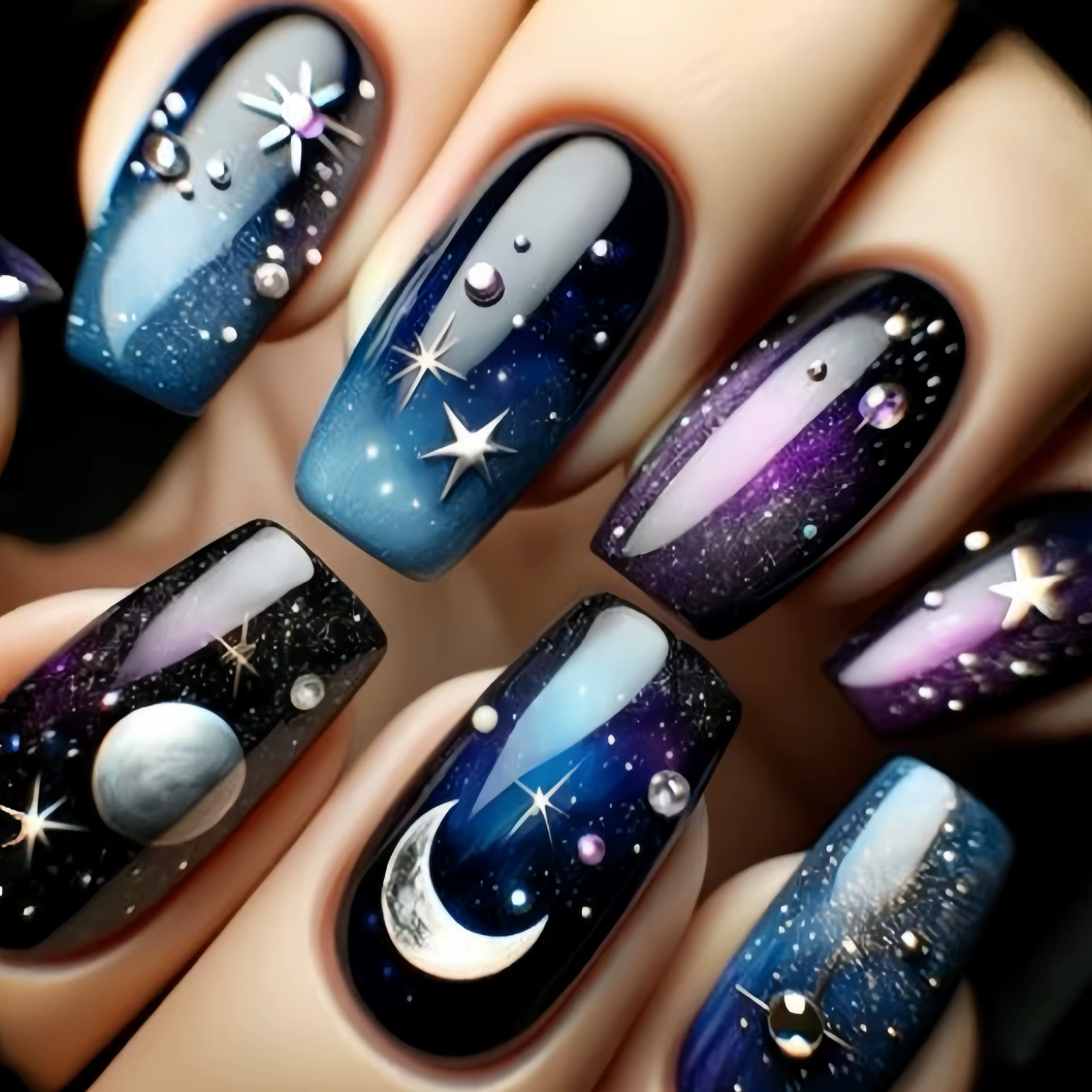 Faux ongles carrés longs moyens pour femmes, 24 pièces/ensemble, nickel é ciel étoilé, noir, bleu, v