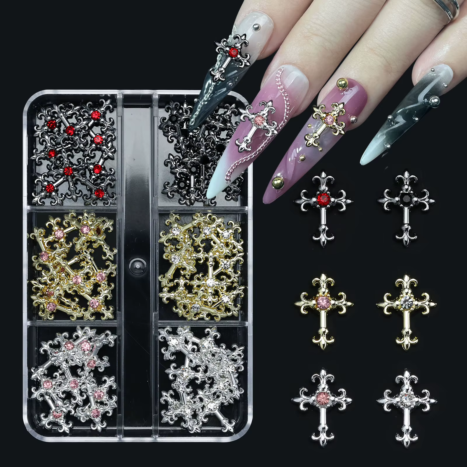 Strass en alliage rétro intégrés en zircon pour nail art, croix 3d Y2K, style gothique punk en métal