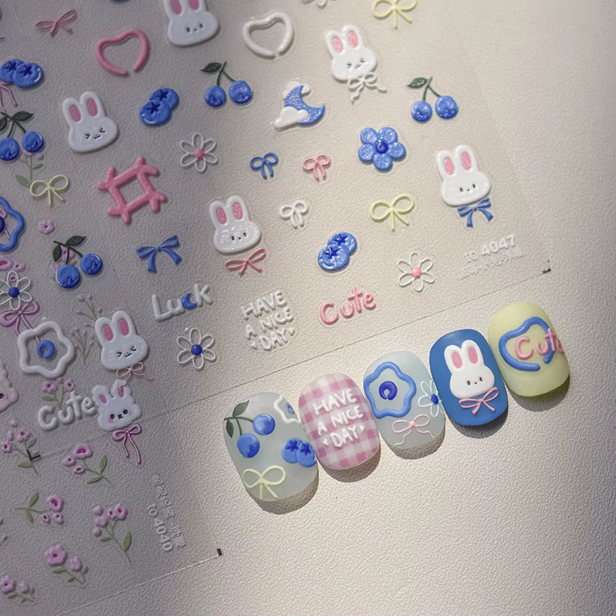 Autocollants pour ongles lapin 5D Kawaii, 1 pièce, dessin animé en relief, fleur rose bleue, adhésif