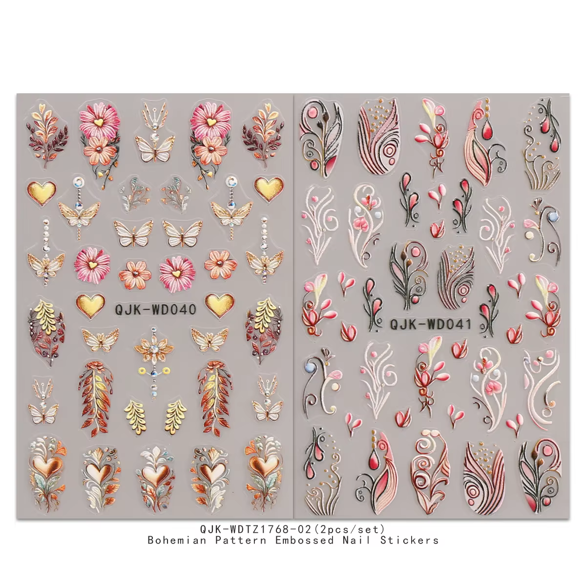 Autocollants pour nail art en relief à motif bohème, thème nostalgique rétro, décoration d'ongles fa