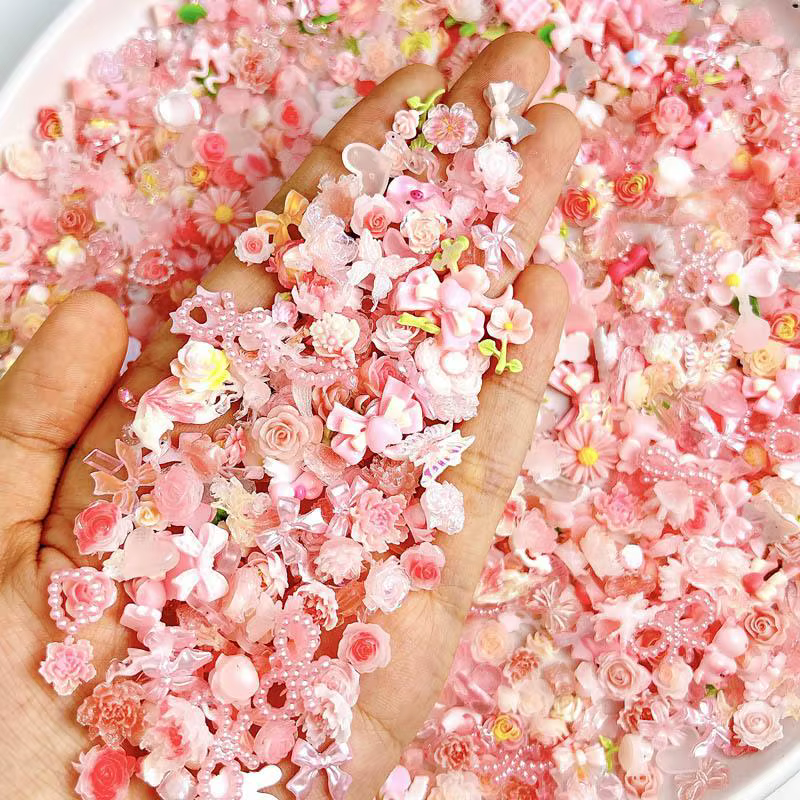 Breloques en résine 3D pour les ongles, mélange aléatoire, rose doux, fleur rose, accessoires de déc