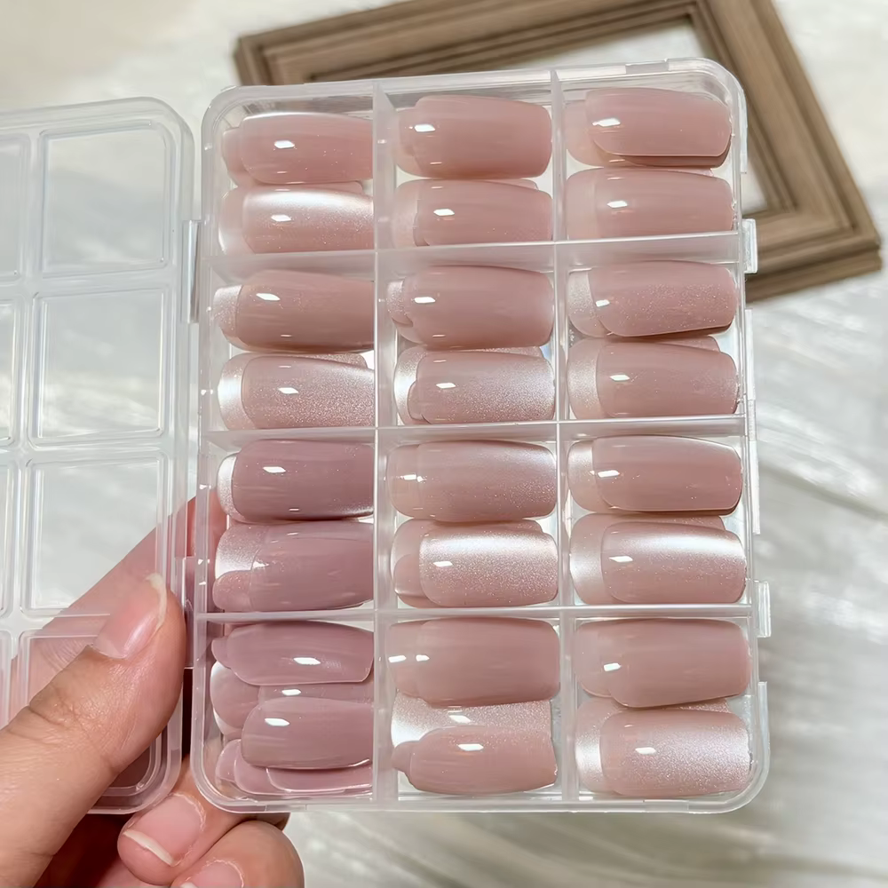 144 pièces/boîte, faux ongles en gel rose nude, effet œil de chat, brillants, courts, tête ronde, fa