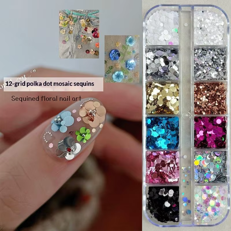 12 grilles de paillettes circulaires et colorées pour ongles avec motifs floraux pour l'art DIY
