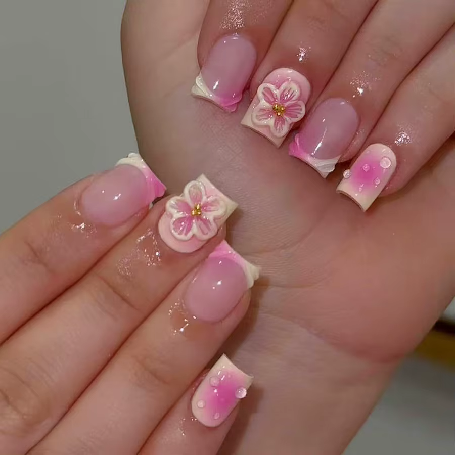 24 pièces de faux ongles simples, motifs floraux, carrés, faux ongles français courts, ballet, à pre