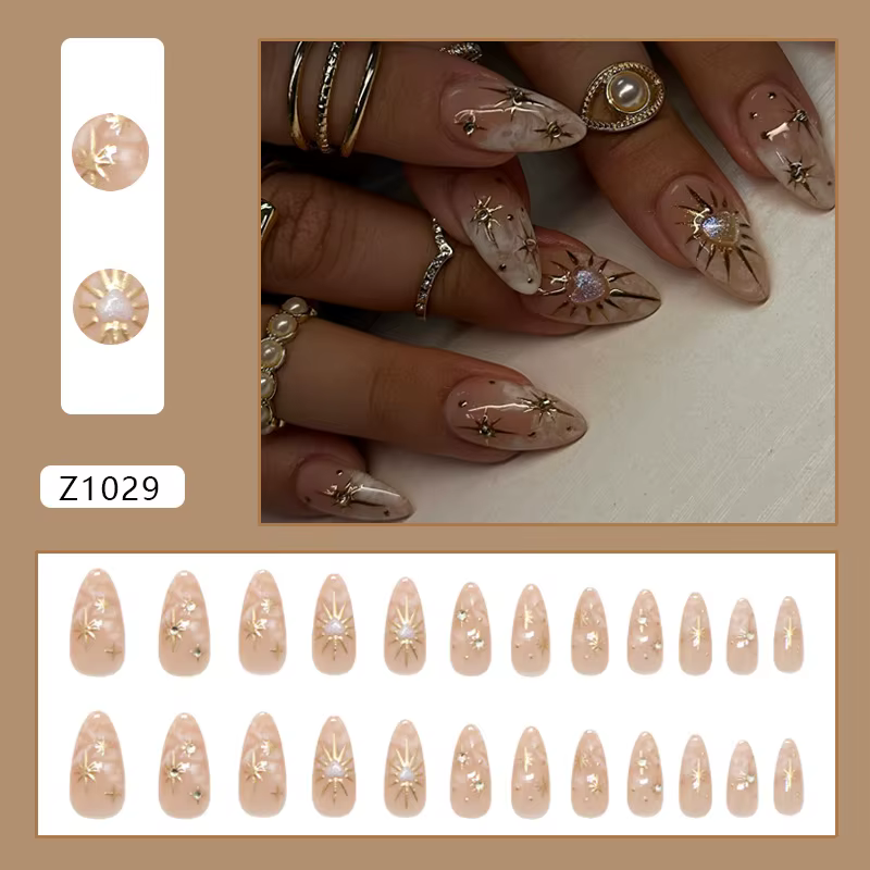 Faux ongles amande moyennes, dégradé marbré nude, avec strass étoile dorée 3D, amovibles, style Ins,