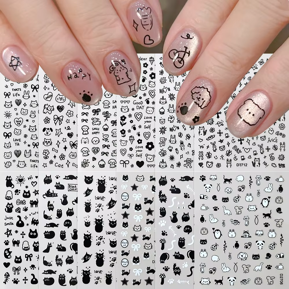 Ensemble d'autocollants pour ongles chat noir, 12 feuilles, dessin animé, Action Multiple, Kawaii, c