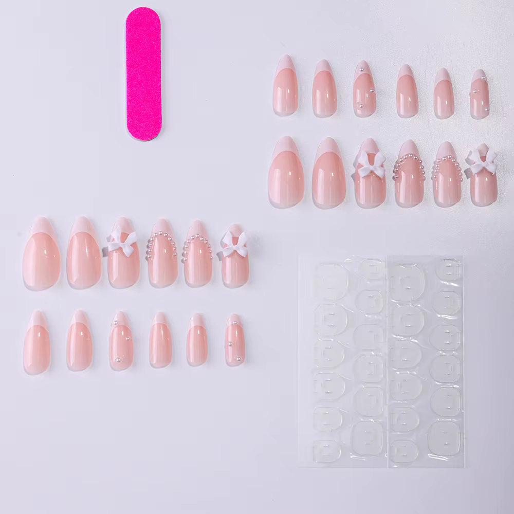 ARTAUG 24 pièces presse moyenne sur les ongles Stiletto rose nœud papillon bout des doigts garniture
