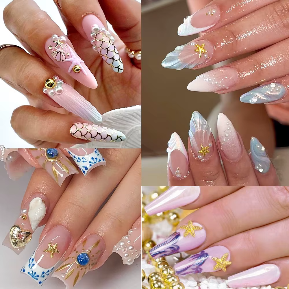 12 grilles océan or Nail Art breloques coquille/hippocampe/étoile de mer blanc demi-rond perle gemme