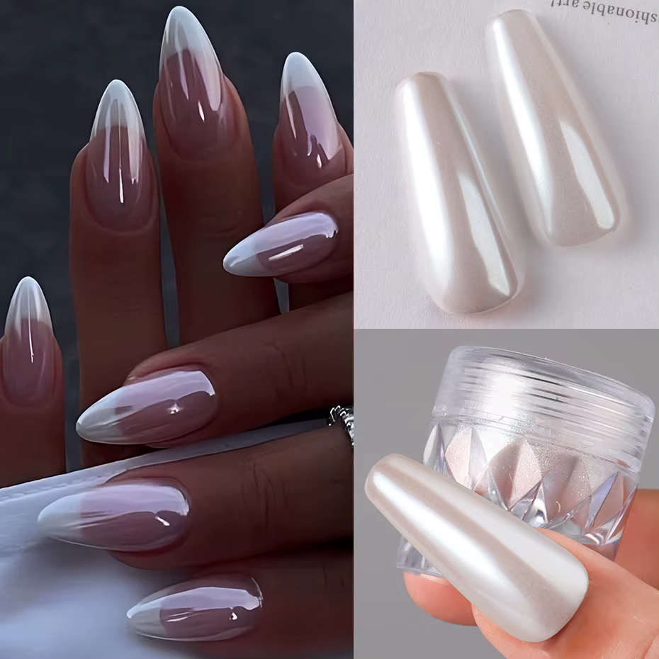 Poudre à ongles en forme de perle chromée blanche, 1 boîte, miroir aurore, Pigment pour Nail Art, ef