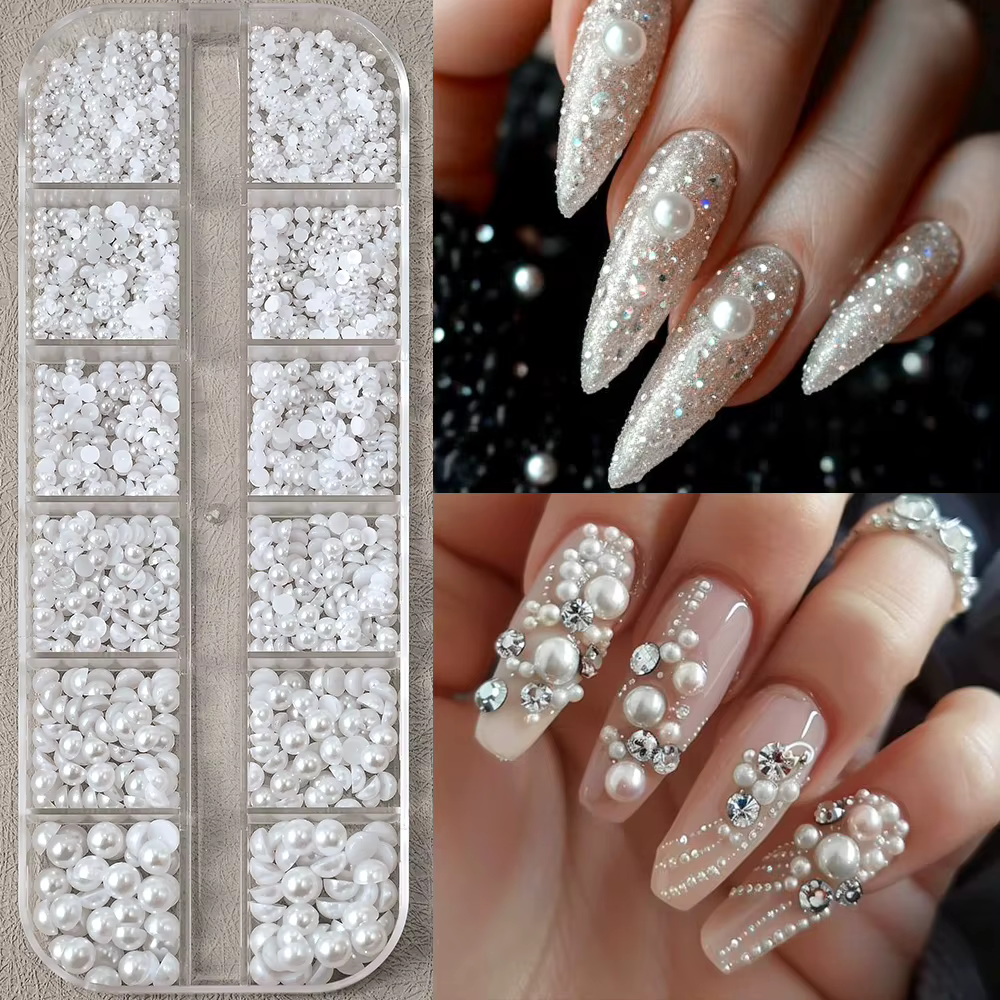 12 grilles de perles blanches 3D, breloques pour ongles, 1.5-5mm, perles rondes/demi-rondes, strass,