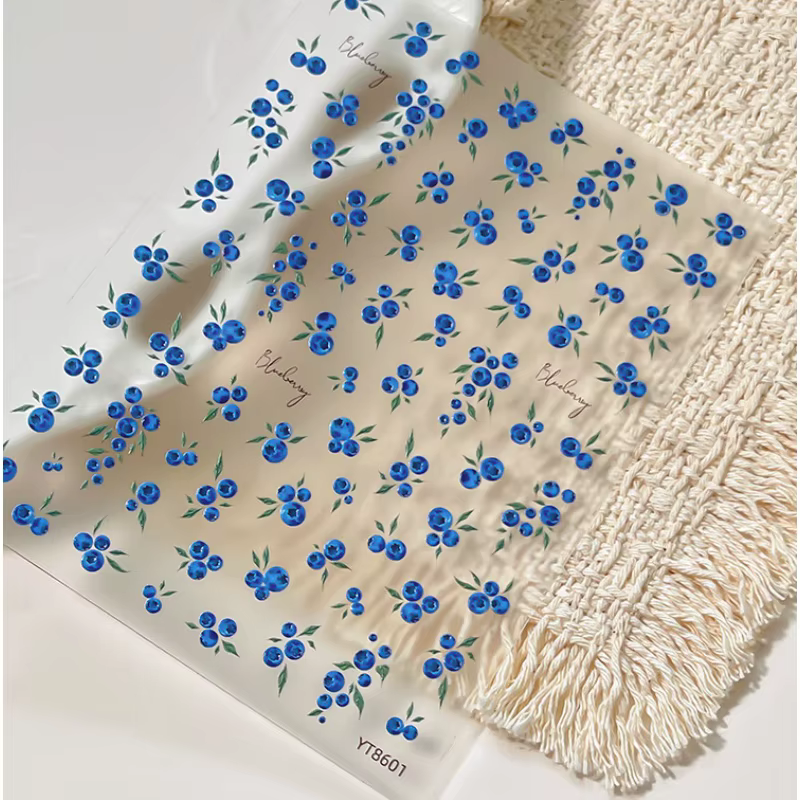 Autocollant pour ongles motif myrtille 3D en relief, décalcomanies à pois français myrtille, auto-ad