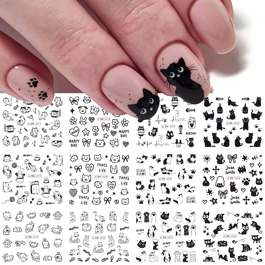 Autocollants à l'eau pour ongles chat noir, 12 modèles, décalcomanies mignonnes de dessin animé Kawa