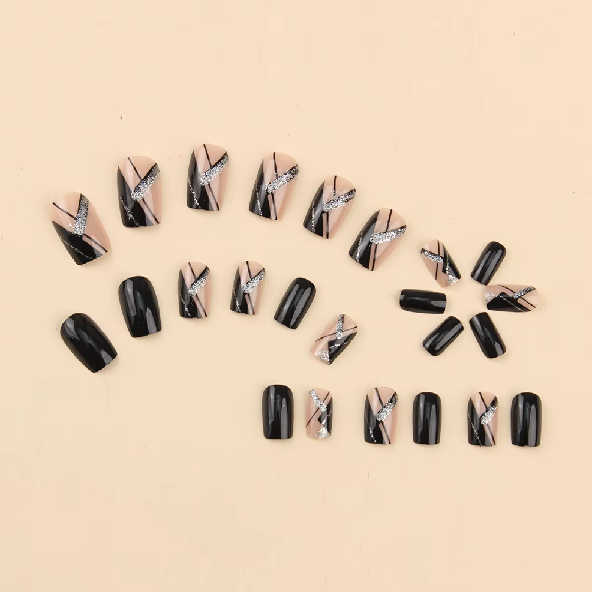24 pièces carré noir couverture courte presse sur ongles argent rayure faux ongles réutilisable faux