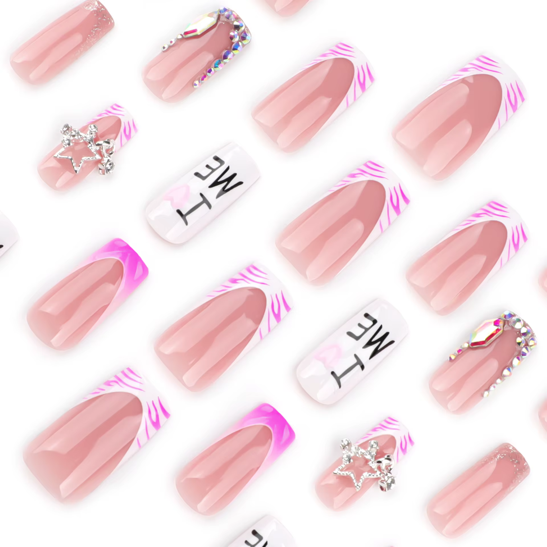 JoDecor-Faux ongles à imprimé zèbre rose, diamant flash, style français, presse sur N64.Star, Y2k, j