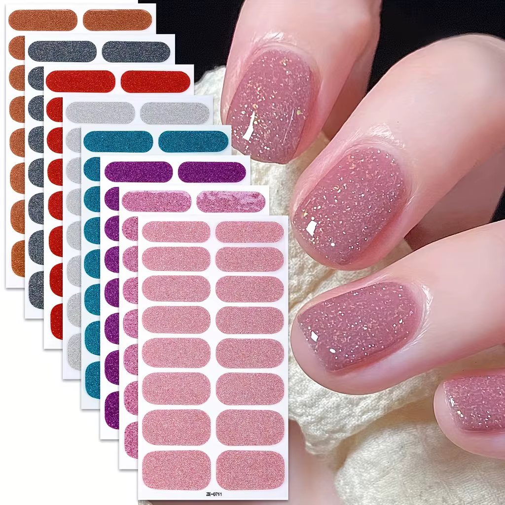 Autocollants pour ongles en Gel auto-adhésif rose, 8 feuilles, à paillettes, pour femmes, fourniture