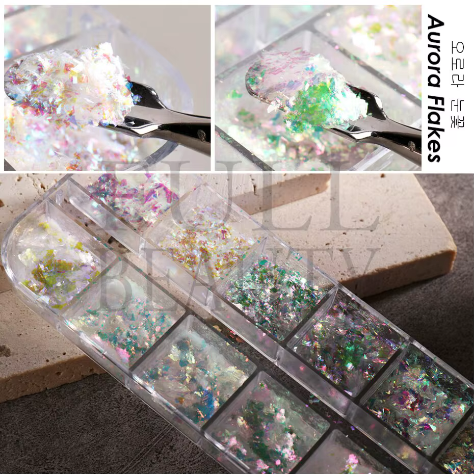 12 grilles irisées pour ongles, aurore, paillettes de cristal, flocons de feu, holographiques scinti