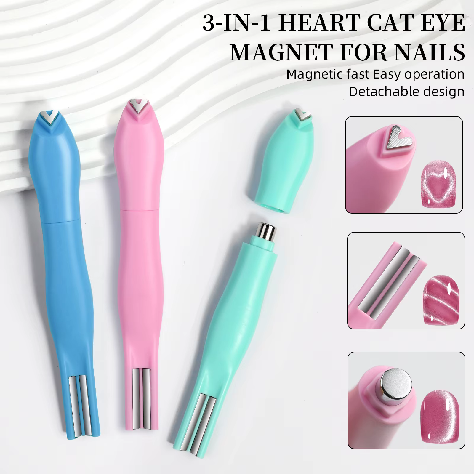 1 pièces 3-en-1 coeur forme oeil de chat Nail Art aimant Double ligne lune serpent français aimant s