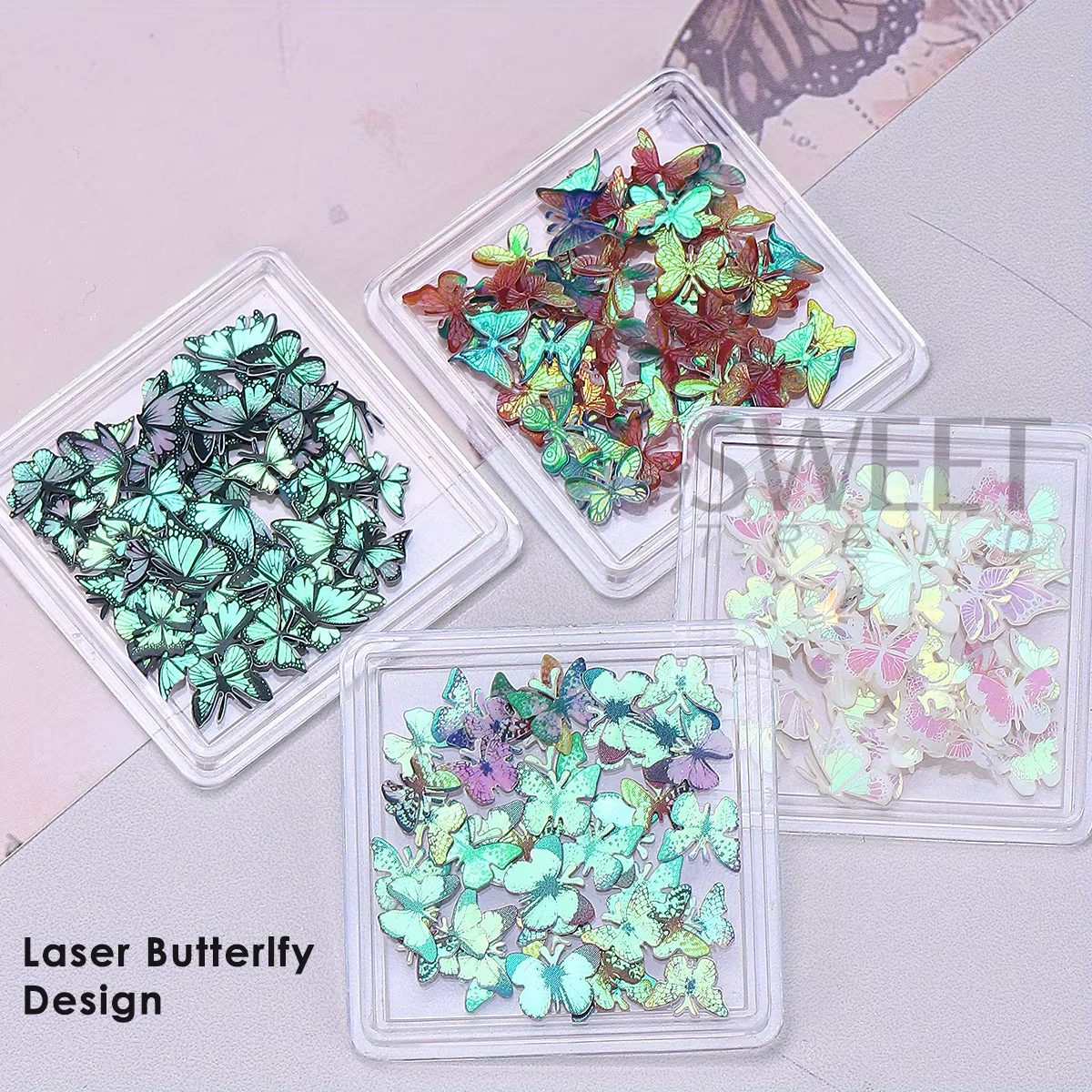 Pâte de bois papillon Laser, décoration d'ongles, ailes holographiques, Design, bijoux d'été, flocon