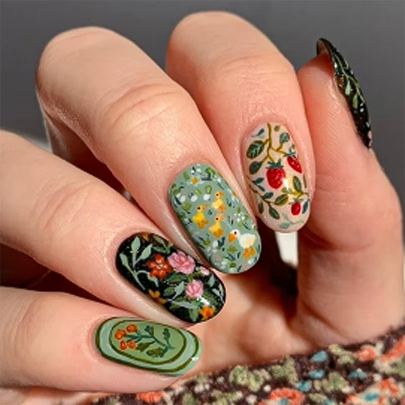 Faux ongles ovales à tête ronde courte, 24 pièces, avec motif de poisson coloré, à pression, finitio