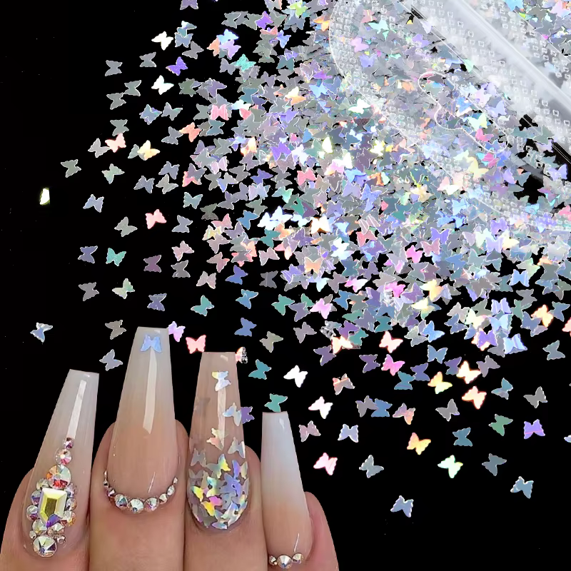 Paillettes holographiques Laser argentées pour Nail Art, flocons papillon amour coeur lettre paillet
