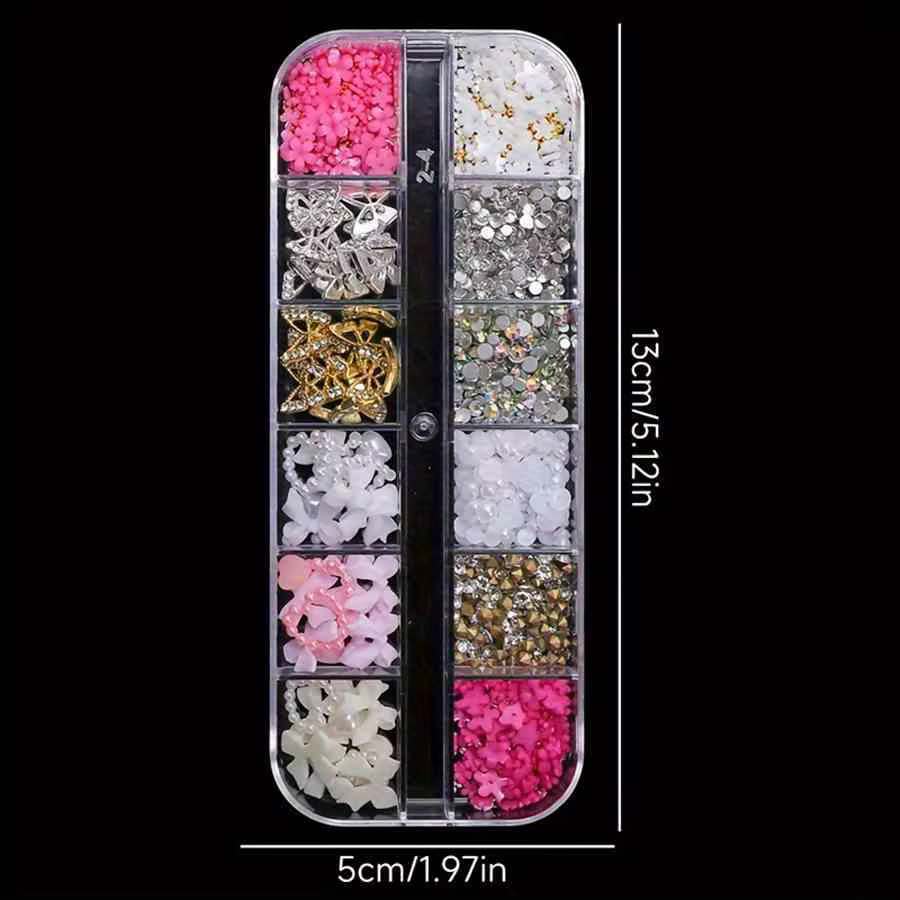 Strass pour ongles en alliage mixte, 12 grilles, nœud papillon, Mini fleur, gemmes, perles, cœur, dé