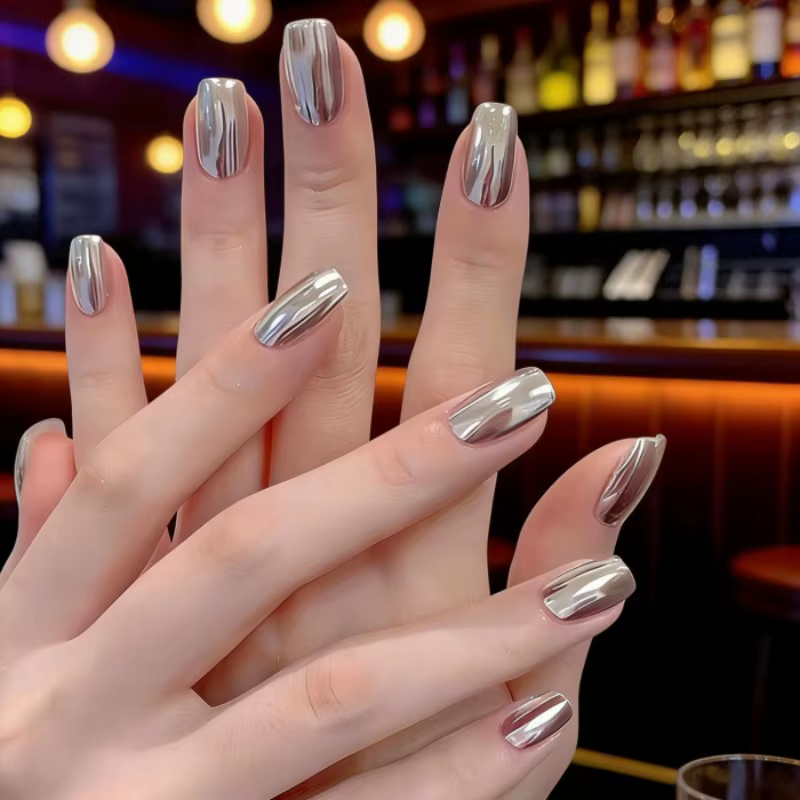 24 faux ongles métalliques argentés et noirs, réalistes, à presser, en acrylique, artificiels, pas c