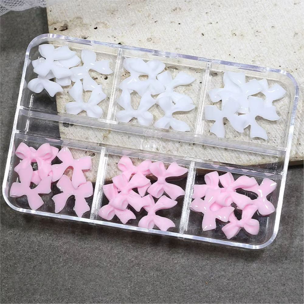 30 pièces/boîte 3D blanc et rose arcs Nail Art breloques 6gird mignon nœuds papillon ruban ongles st