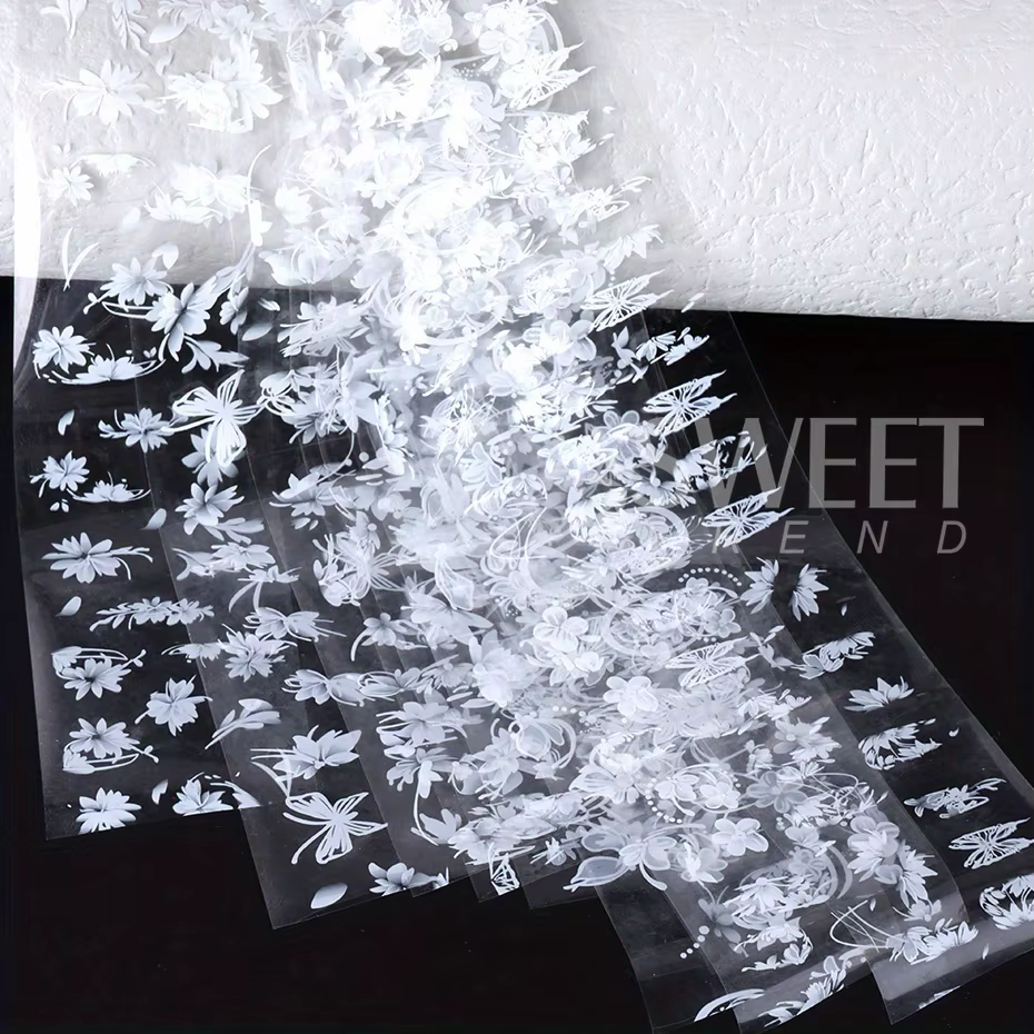 Feuilles autocollantes de transfert d'ongles, 10 rouleaux de pétales de fleurs blanches élégantes, p