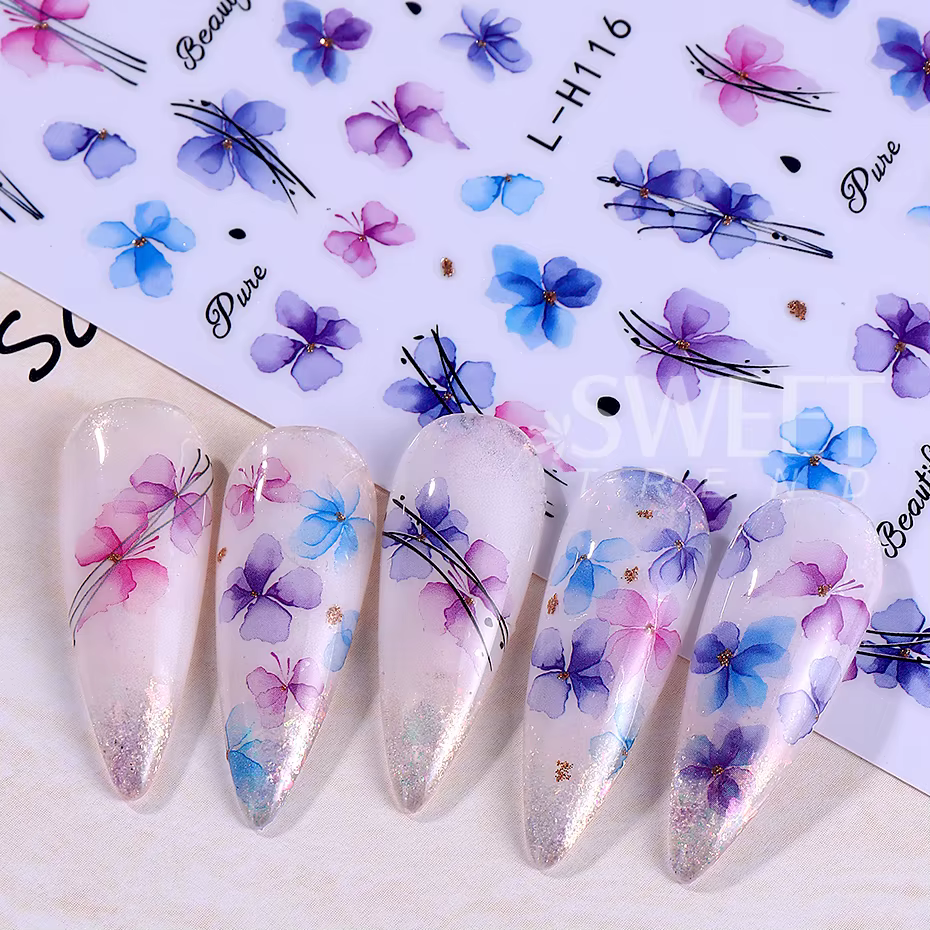 Autocollants pour ongles, 12 pièces, géométrie 3D, feuille de fleur, encre d'été, fleurs en fleurs, 