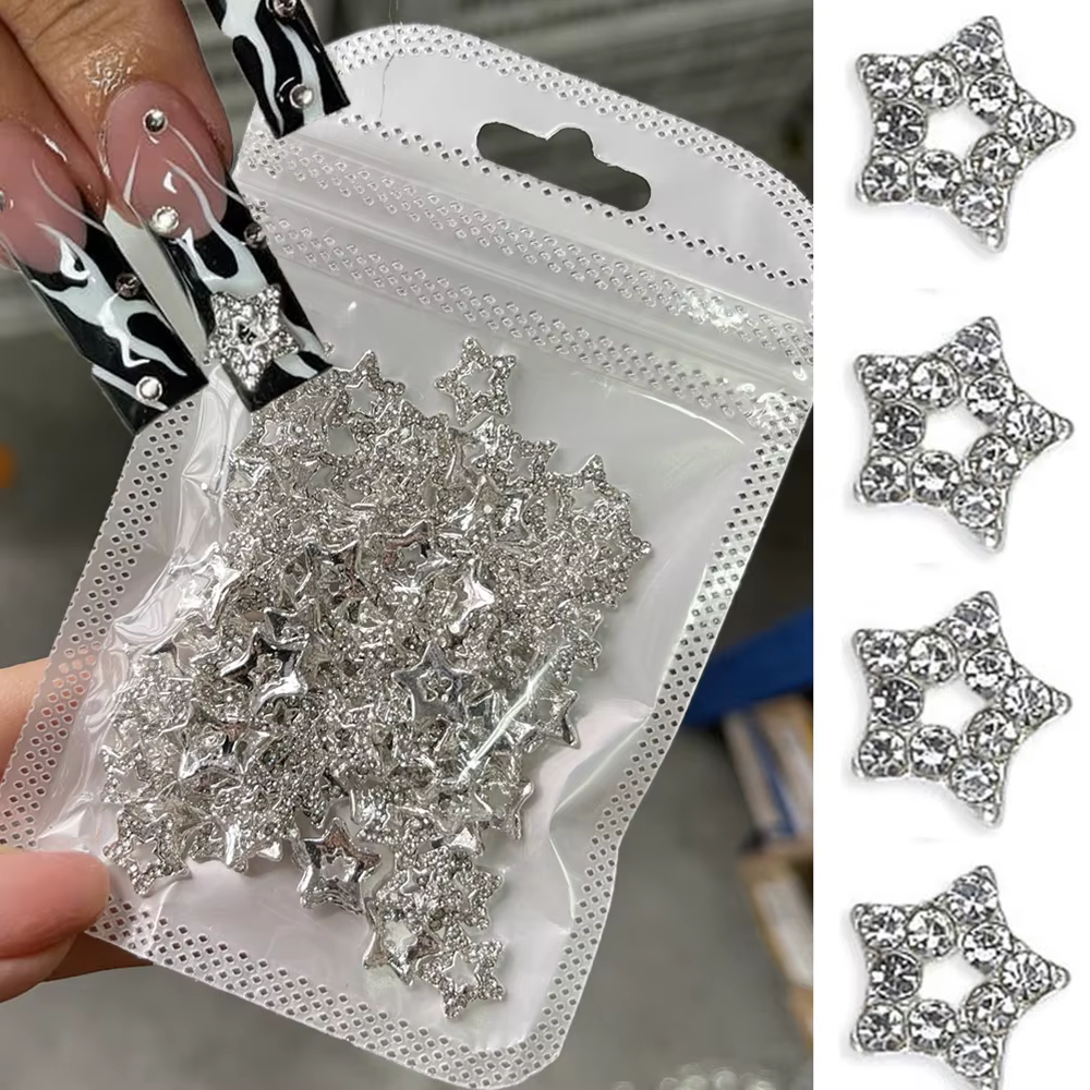 10 pièces 3D argent pentagramme étoile Nail Art alliage strass luxe métal étoile breloques ongles bi