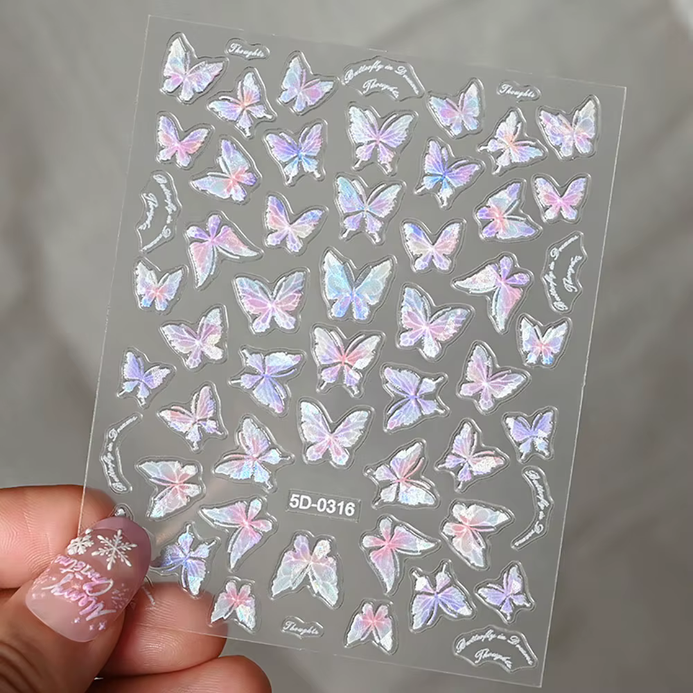 Autocollants pour ongles papillon, coquille d'aurore rose violet, Laser brillant 3D, décalcomanies p