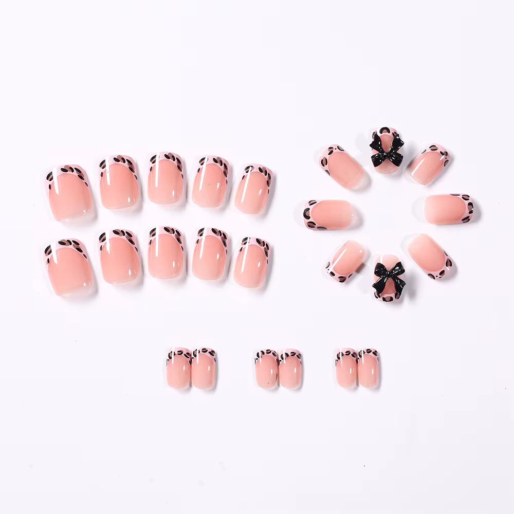 24 faux ongles courts carrés à imprimé léopard rose, avec nœud papillon noir 3D, en acrylique, à pre