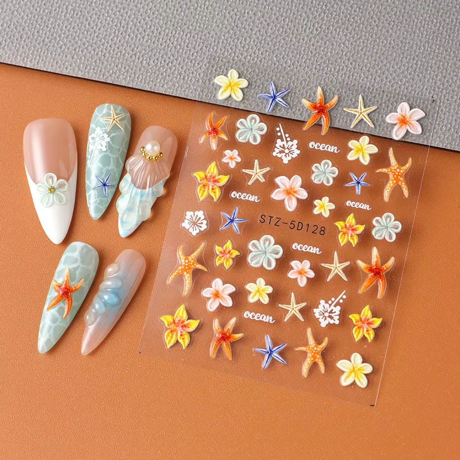 Autocollants pour ongles étoile de mer Kawaii, 2 pièces, autocollants floraux 3D pour Nail Art, auto