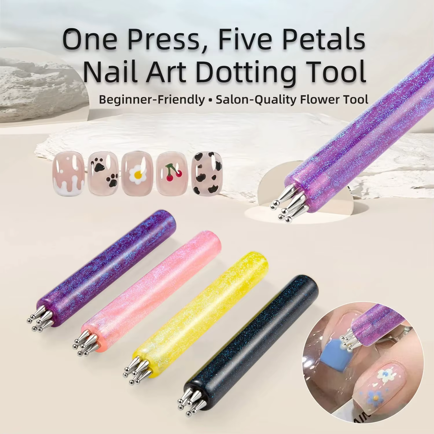 Stylo à points pour nail art à 5 pétales, pointe fine, pinceaux pour strass, manche pailleté, outils