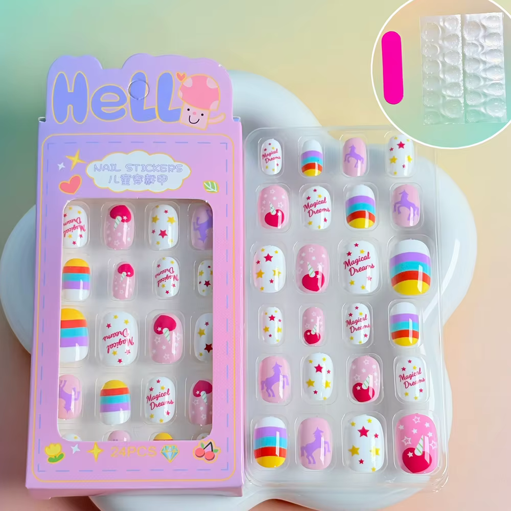 120 pièces/boîte, faux ongles pour enfants, motif ours de dessin animé, pointes d'ongles mignonnes, 