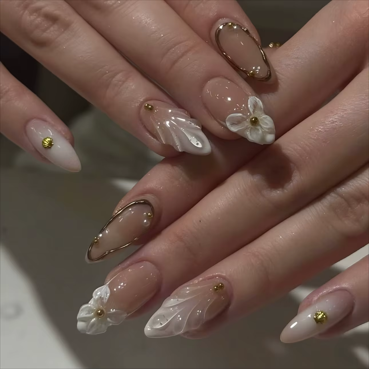 24 pièces/ensemble français amande presse sur ongles fleur rose faux ongles épicés filles faux ongle