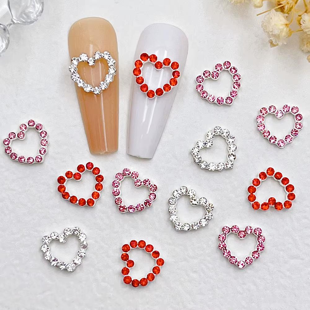 Breloques pour ongles en forme de cœur en métal, 10 pièces, rouge, rose, argent, diamant, pièces pou