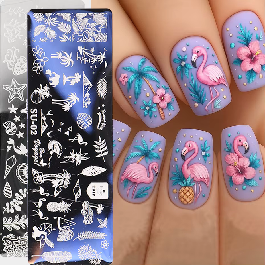 Feuilles de bananier tropicales, plantes de cocotier, modèles de transfert d'ongles, thème océan d'é