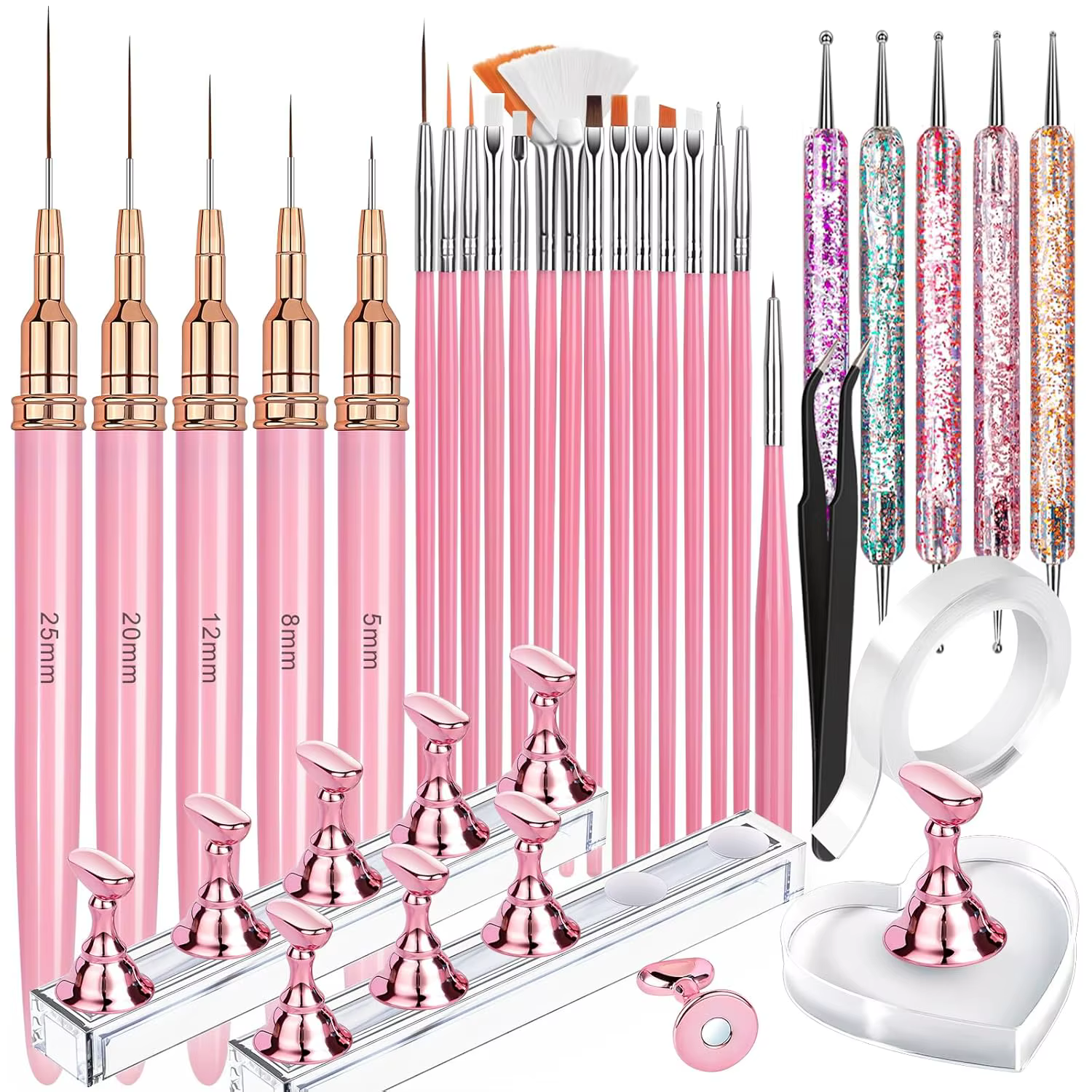 Ensemble professionnel pour ongles 30 pièces – Pinceaux, support magnétique, support en forme de cœu